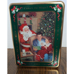1993 Oreo Cookie Tin Green Unlock the Magic Christmas Morning Santa Tree Vintage